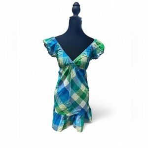 Y2K blue and green gingham puff sleeve dress mall core 2000s babydoll fairy core